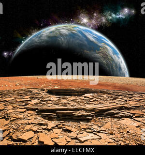 Ein Künstler Darstellung der Ansicht von einer felsigen und kargen alien Moon. Ein erdähnliche Planeten erhebt sich über der luftlosen Umgebung. Stockfoto