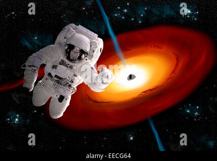 Künstlers Konzept eines Astronauten im Weltraum schweben, da er gegen ein massereiches Schwarzes Loch gezogen wird. Gamma Ray Bursts ausbrechen fr Stockfoto