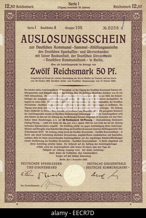 Historische Aktie, Auslosungsschein Zur Deutschen Kommunal-Sammel-Ablösungsanleihe des Deutschen Sparkassen - Und Giroverbandes ich Stockfoto