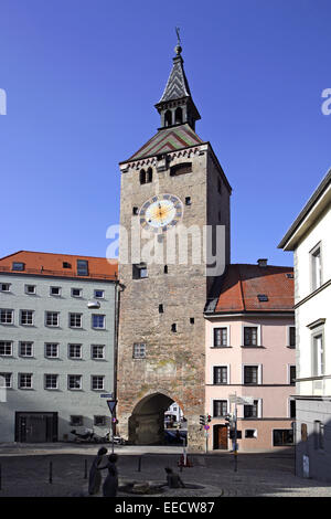 Deutschland, Bayern, Landsberg am Lech, Hauptplatz, Schmalzturm, Romantische Strasse, Straße, Oberbayern, Haeuser, Wohnhaeuser, Stockfoto