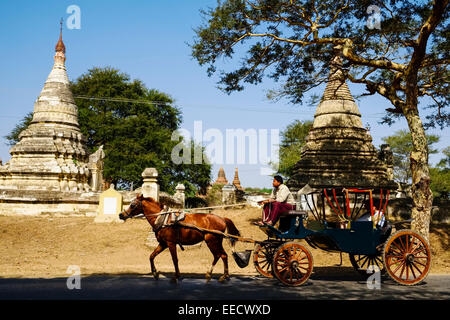 Pferdekutsche auf Straße in der Nähe von Nyaung U, Bagan, Myanmar Stockfoto