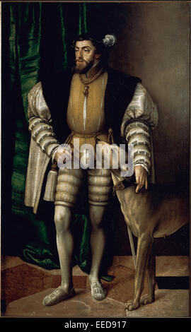 Charles V, Heiliger römischer Kaiser (1500-1558).  Porträt von Charles V mit einem Hund, 1533, von Tizian (1488-1576).  Öl auf Leinwand. Museum des Prado. Madrid, Spanien. Stockfoto