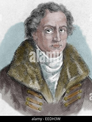 Johann Wolfgang von Goethe (1749-1832). Deutscher Schriftsteller. Literarische Bewegung, Weimarer Klassik. Gravur, 19. C. Portrait. Farbige. Stockfoto