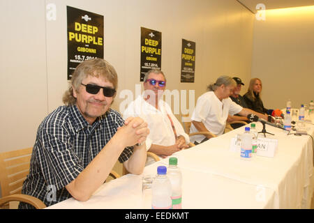 Legendäre britische Rockband Deep Purple besuchen eine Pressekonferenz vor ihrem Konzert im Jazine in Petrcane, Kroatien Featuring: Don Airey, Ian Paice, Roger Glover, Steve Morse, Deep Purple wo: Petrcane, Kroatien bei: 14. Juli 2014 Stockfoto