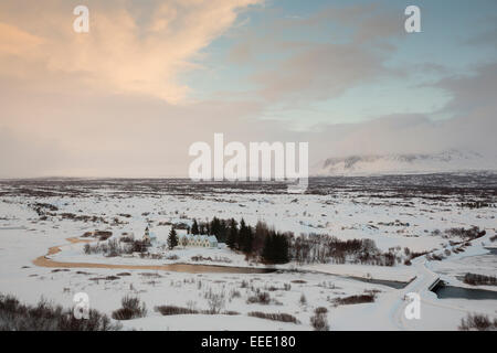 THINGVELLIR, Island 19. Jahrhundert Kirche stehen im Thingvellir National Park. Stockfoto