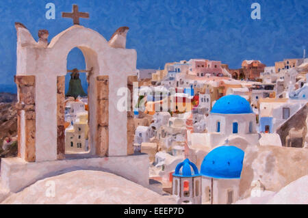 Digitale Malerei von ein paar der berühmten blauen Kuppelkirchen von Oia auf der griechischen Insel Santorin. Stockfoto