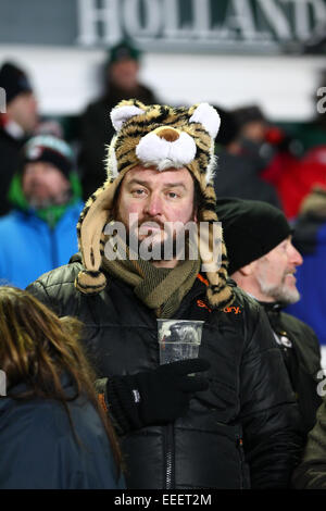 Leicester, UK. 16. Januar 2015. Europäische Rugby Champions Cup. Leicester Tigers gegen Scarlets. Unterstützer in Tiger Hut © Aktion Plus Sport/Alamy Live-Nachrichten Stockfoto