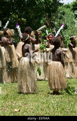 Melanesien, Vanuatu, Tanna Island. Traditionelle Begrüßung, Dorffrauen und Kinder mit einzigartigen Palm Kleidung. Stockfoto