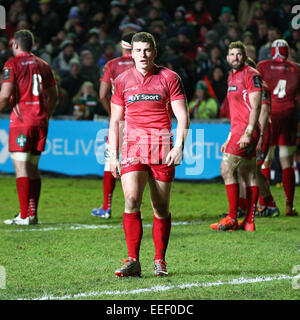 Leicester, UK. 16. Januar 2015. Europäische Rugby Champions Cup. Leicester Tigers gegen Scarlets. Regan König in Aktion für Scarlets. Bildnachweis: Aktion Plus Sport/Alamy Live-Nachrichten Stockfoto