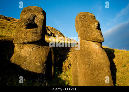 Rano Raraku Steinbruch, Easter Island, Chile, Südamerika. Petroglyph auf Moai 263, die Europäischen Schiff Ankunft. Stockfoto