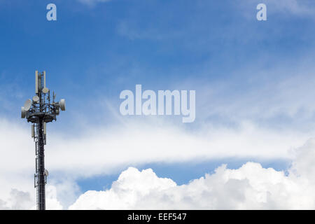 Gerichte an einem Hochspannungsmast Telekommunikation im Sommer Stockfoto