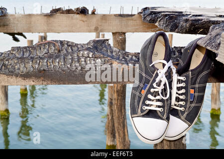 Alte Turnschuhe hängen ein Holzbrett in der Nähe von See Stockfoto