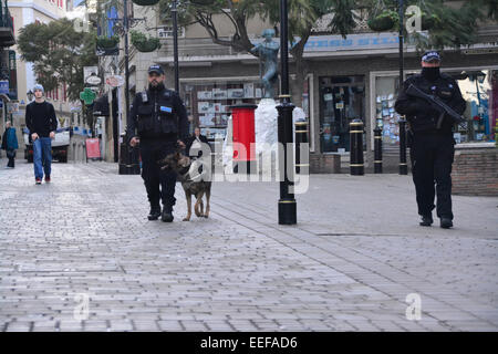 Gibraltar. 17. Januar 2015. Bewaffnete Patrouillen und Polizeihund Einheiten wurden eingesetzt, um Gibraltar Stadtzentrum in eine beispiellose Zunahme in Gibraltar zu patrouillieren. Bewaffnete Patrouille Einheiten patrouillierten zu Fuss durch die Main Street heute Morgen, als Unternehmen eröffnet. Bildnachweis: Stephen Ignacio/Alamy Live-Nachrichten Stockfoto