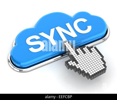 Klicken Sie auf eine Taste "synchronisieren" Wolke geformt, 3d render Stockfoto
