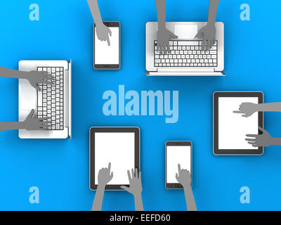 Papier-Hände klicken Gadgets mit Exemplar, 3d Rendern Stockfoto