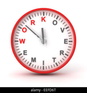 Wanduhr mit Arbeit Überstunden Text, 3d render Stockfoto