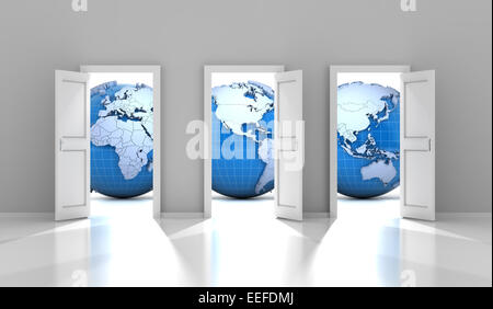 Geöffnete Türen führen in verschiedenen Teilen der Welt Stockfoto