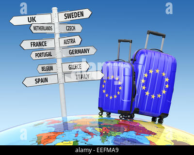 Reisekonzept. Koffer und Wegweiser was in Europa zu besuchen. 3D Stockfoto