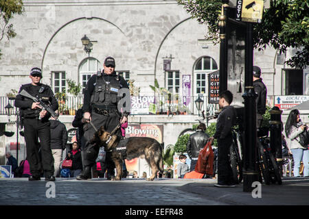 Gibraltar, 17. Januar 2015. Bewaffnete Patrouillen und Polizeihund Einheiten am Eingang zum Kasematten Square von Main Street auf einer geschäftigen Samstag in Gibraltar. © Stephen Ignacio/Alamy Live-Nachrichten Stockfoto