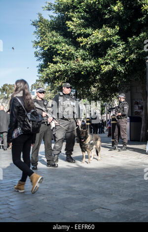 Gibraltar, 17. Januar 2015. Bewaffnete Patrouillen und Polizeihund Einheiten im Kasematten Square in Gibraltar heute Nachmittag als die Sicherheit Alarmbereitschaft erhöht über beträchtliche in ganz Europa. Bildnachweis: Stephen Ignacio/Alamy Live-Nachrichten Stockfoto