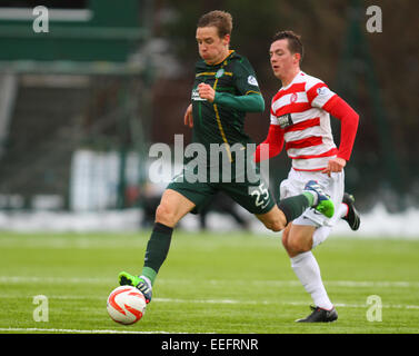 Hamilton, Schottland. 17. Januar 2015. Scottish Premier League. Hamilton Academical gegen Celtic. Stefan Johansen bringt den Ball Weg von Louis Longridge Credit: Action Plus Sport/Alamy Live News Stockfoto