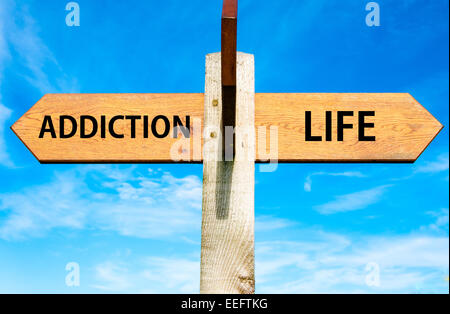 Wegweiser aus Holz mit zwei entgegengesetzte Pfeile über klaren, blauen Himmel, sucht und Leben schildern, Choice Konzeptbild Stockfoto