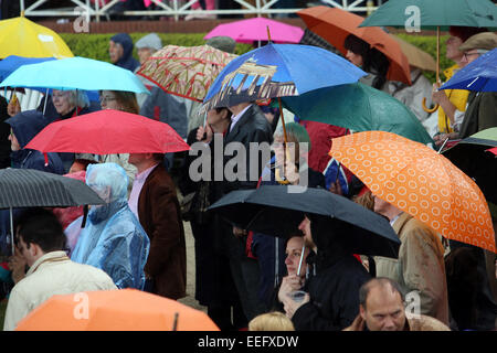 Hoppe Garten, Deutschland, Menschen stehen bei schlechtem Wetter unter ihren Regenschirmen Stockfoto