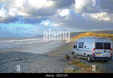 Wohnmobil am Strand mit Hund geparkt Stockfoto