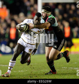 London, UK. 17. Januar 2015. Europäische Rugby Champions Cup. Harlekine gegen Wespen. Wespen Flügelspieler Christian Wade von Harlequins Tighthead Prop Will Collier Kredit angegangen wird: Action Plus Sport/Alamy Live News Stockfoto