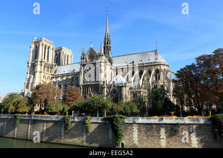 Seine Seite Blick auf den Fluss von berühmten Notre Dame, Paris, Frankreich im gerichtete Morgenlicht mit Exemplar in klaren Himmel gebadet. Stockfoto