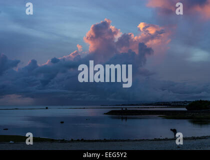 Fischer inne, um den Sonnenuntergang am Sunabe Beach in Okinawa, Japan. Stockfoto