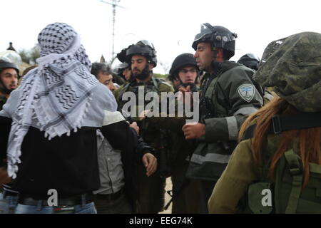 Westjordanland, Palästina. 17. Januar 2015. Palästinensische Demonstranten argumentieren mit israelischen Soldaten während einer Demonstration in der Nähe eine geschlossen-Tor führt in das Westjordanland von Hebron aus Bethlehem. In den letzten 14 Jahren erwähnt israelische Militär das Tor geschlossen, das Anwohner von Hebron nach Bethlehem führt, als die zweite Intefada begann, Anwohner. Bildnachweis: Muhesen Amren/Pacific Press/Alamy Live-Nachrichten Stockfoto