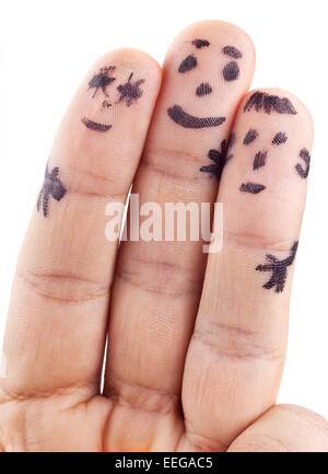 Smileys-Familie auf Mannes Fingern gemalt. Stockfoto