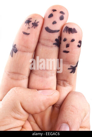 Smileys-Familie auf Mannes Fingern gemalt. Stockfoto