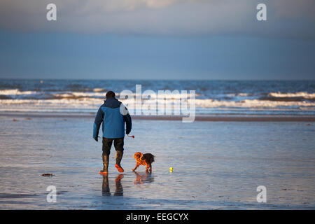 Hund spielt am Strand, Southport, Merseyside, UK. 18. Jan 2015. UK Wetter. Dog Walker auf ainsdale mit der Blauen Flagge prämierte Strand der Gezeiten liegender. Eine klare, helle, sonnige Start in den Tag nach einer kalten Nacht am Strand des Resorts. Stockfoto