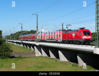 Magdeburg, Deutschland, ein DB Regio über eine Brücke über die Ehle Stockfoto