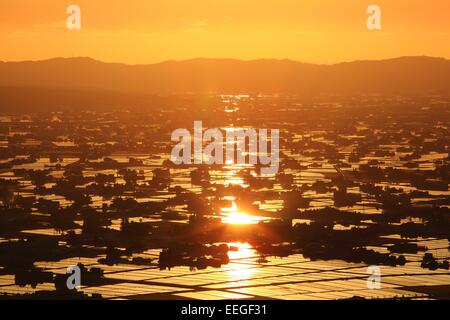 Sonnenuntergang auf überfluteten Reisfeld, Sankyoson, Toyama, Japan Stockfoto