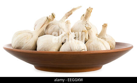 Frischer Knoblauch in einem Tontopf. Isoliert auf einem weißen Hintergrund und Faltung der mehrere Bilder mit unterschiedlichen Schwerpunkten Stockfoto