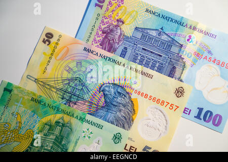 Rumänischer neue Lei Papiergeld Banknoten. Stockfoto