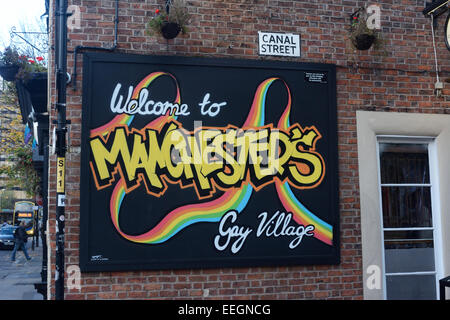 Herzlich Willkommen Sie in Manchesters Homosexuell Ortsschild in Canal Street, Manchester. Stockfoto