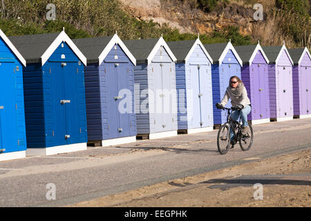 Radfahren entlang der Promenade vorbei an Schattierungen von lila blau Strandhütten in Boscombe Bournemouth im November Stockfoto