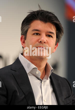 München, Deutschland. 18. Januar 2015. Leiter der Uber Travis Kalanick spricht bei der Eröffnung der Konferenz DLD (Digital-Life-Design) in München, Deutschland, 18. Januar 2015. Auf der Konferenz von Hubert Burda Media Innovation sprechen hochrangige Gäste über Trends und Entwicklungen der Digitalisierung für drei Tage. Foto: TOBIAS HASE/Dpa/Alamy Live News Stockfoto