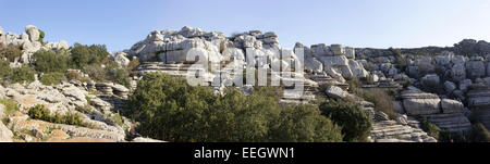 El Torcal de Antequera, Sierra del Torcal, Antequera, Málaga, Andalusien, Spanien.  Panoramablick über die karstigen Felsformationen. Stockfoto