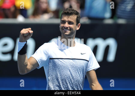 Melbourne, Australien. 19. Januar 2015. Australian Open Tennis aus Melbourne Park. Grigor Dimitrov Bulgarien feiert nach gewann sein Match gegen Dustin Brown Deutschland am ersten Tag der 2015 Australian Open in Melbourne Park, Melbourne, Australien. Bildnachweis: Action Plus Sport Bilder/Alamy Live News Stockfoto