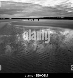 Menschen Sie beim Ballspielen mit dem Hund am Strand von Holkham an der Küste von Norfolk. Stockfoto