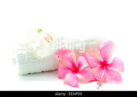 Bunte rosa und weißen Hibiskusblüten mit Handtuch Spa Design, isoliert auf weißem Hintergrund Stockfoto