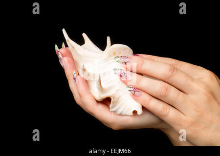 Professionelle Maniküre. Weibliche Hände mit gepflegten Nägeln halten Muschel auf schwarzem Hintergrund isoliert Stockfoto