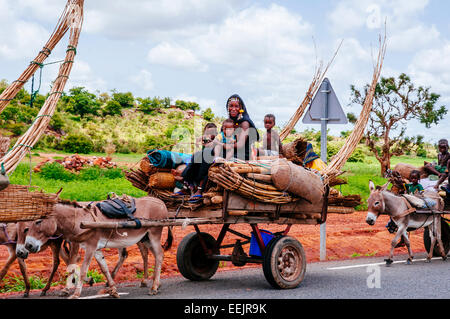 Porträt der Fulani Nomadenfamilie Eselskarren, Mali unterwegs. Stockfoto