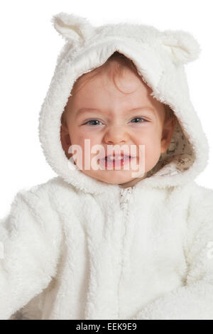 Baby Boy Porträt verkleidet als Bunny auf weißem Hintergrund. Stockfoto