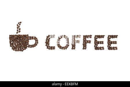Eine Kaffeetasse und das Wort Kaffee geschrieben mit Kaffeebohnen Stockfoto